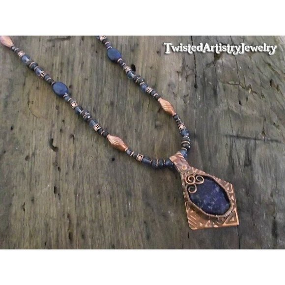 Lapis Lazuli Asymmetric Wire Wrapped Copper Pendant Beaded Necklace Handmade - Picture 2 of 4